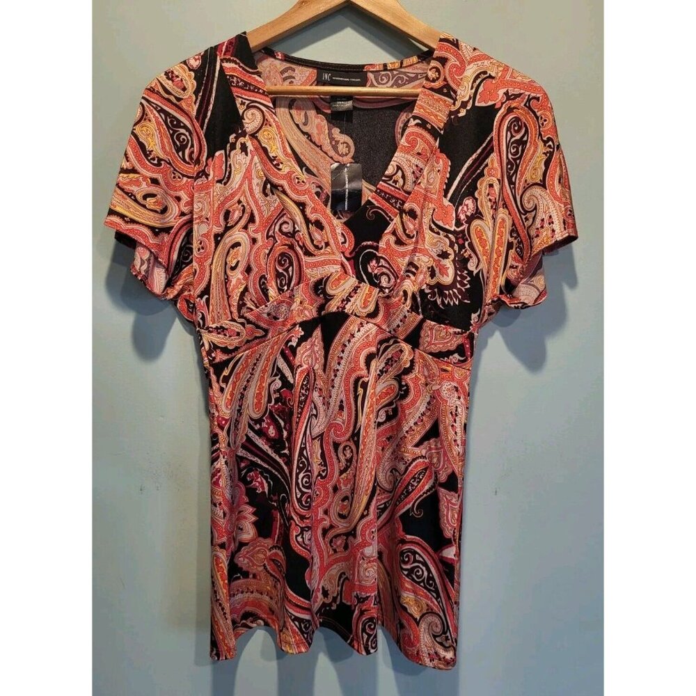 New Brown Orange Paisley Short Flutter Sleeve Babydoll Empire Top Sz S Y2K Retro